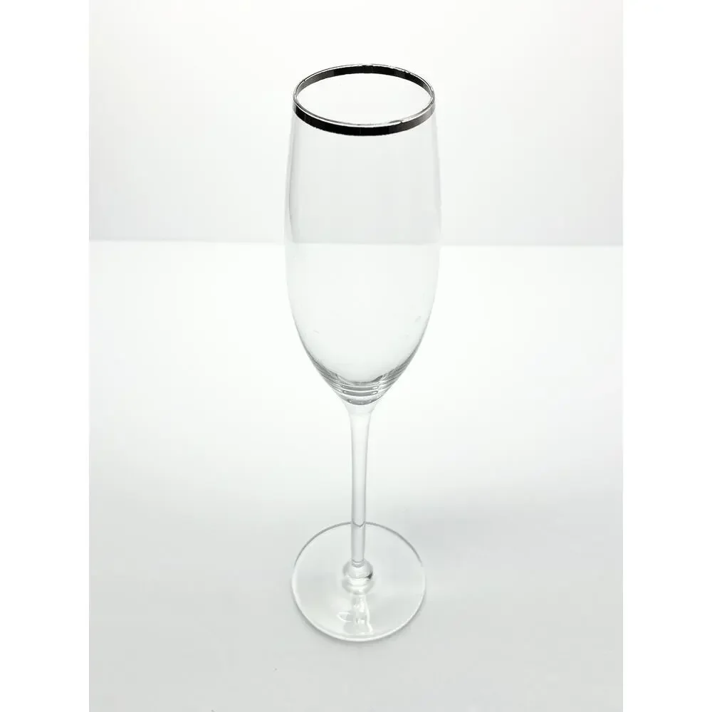 Pair of Contemporary Tall Fluted Silver Rim Champagne Glasses 11” 8oz